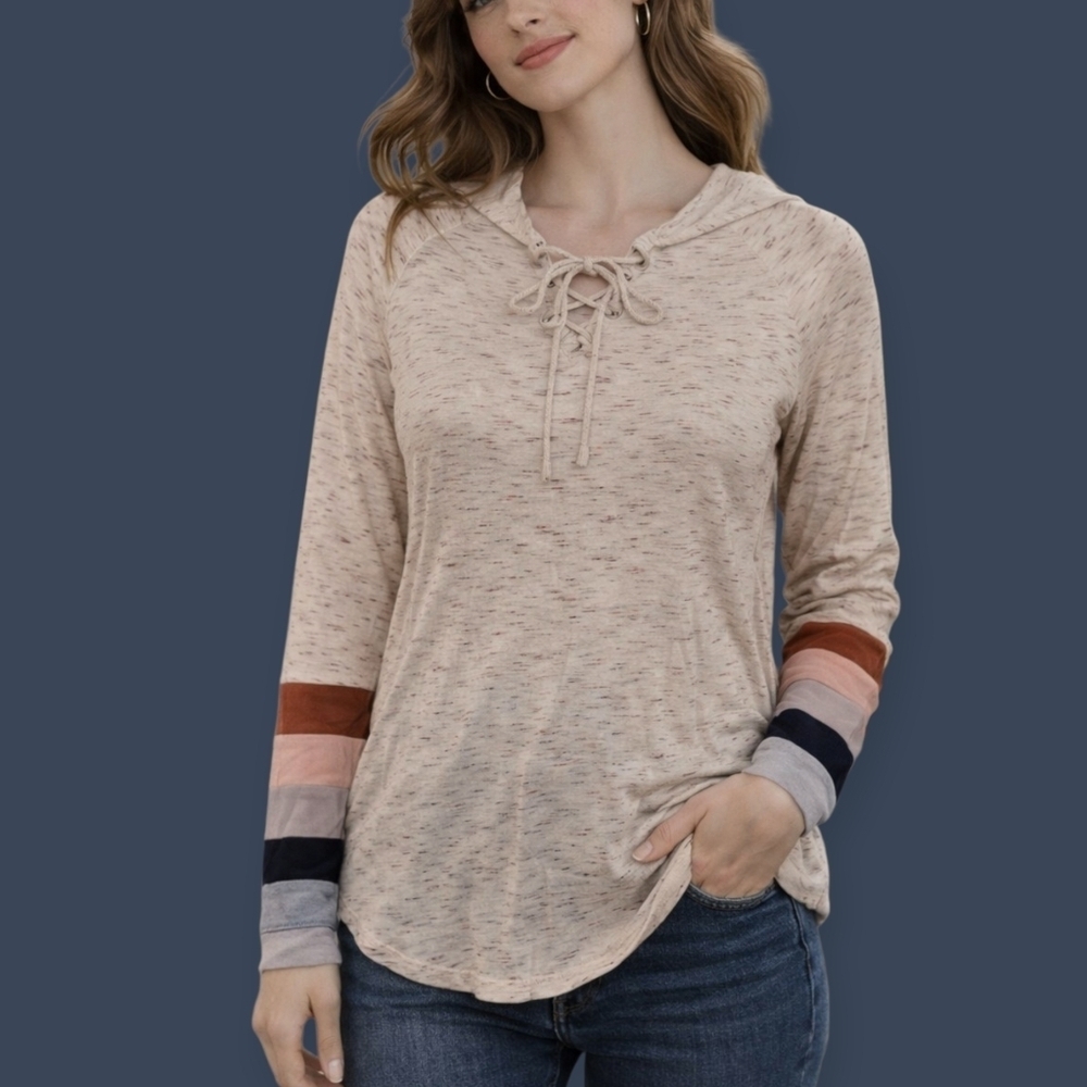 3/$30 MAURICES Marled Varsity Long Sleeve Lace-up Pullover Jersey Hoodie